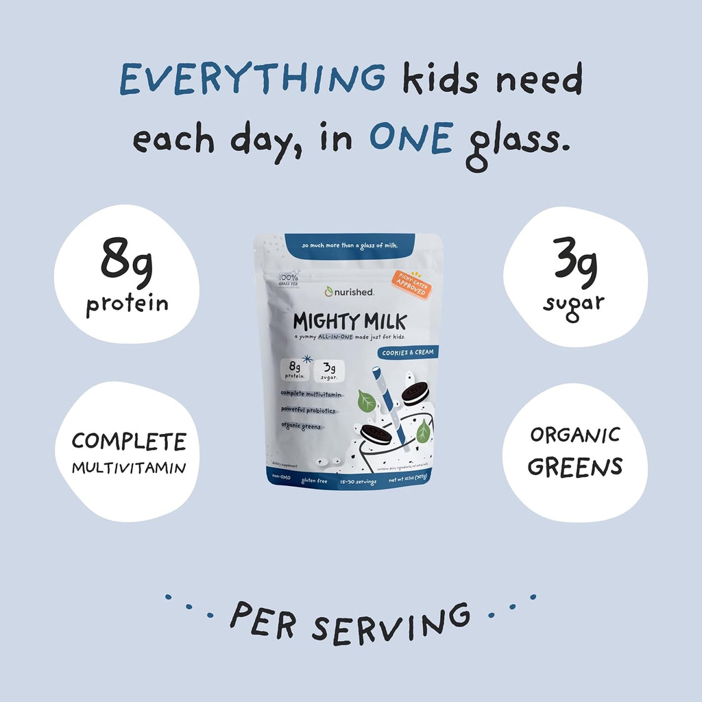 Cookies & Cream Mighty Milk - Kids All-in-One Daily Protein Powder & Multivitamin with Probiotics & Organic Spinach - Natural Flavors, Colors & Sweeteners - 15-30 Servings