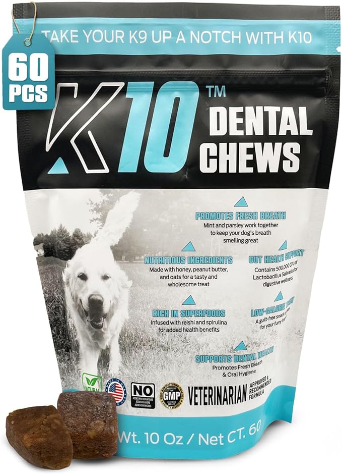 K10 Dental Chews (60 Count) – Low-Calorie Dog Chew with Human-Grade Ingredients – Dog Chews That Support Fresh Breath, Oral Hygiene, Digestion & Vitality – Vet-Preferred Dental Treats for Dogs