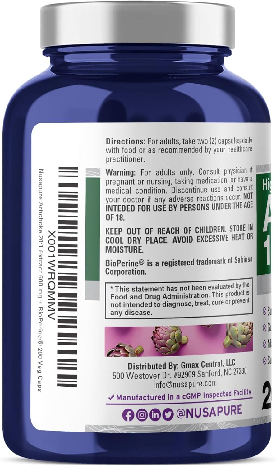 NusaPure Artichoke 20:1 Extract, 600 mg Equivalent to 12,000mg 200 Veggie caps (Non-GMO, Gluten Free)