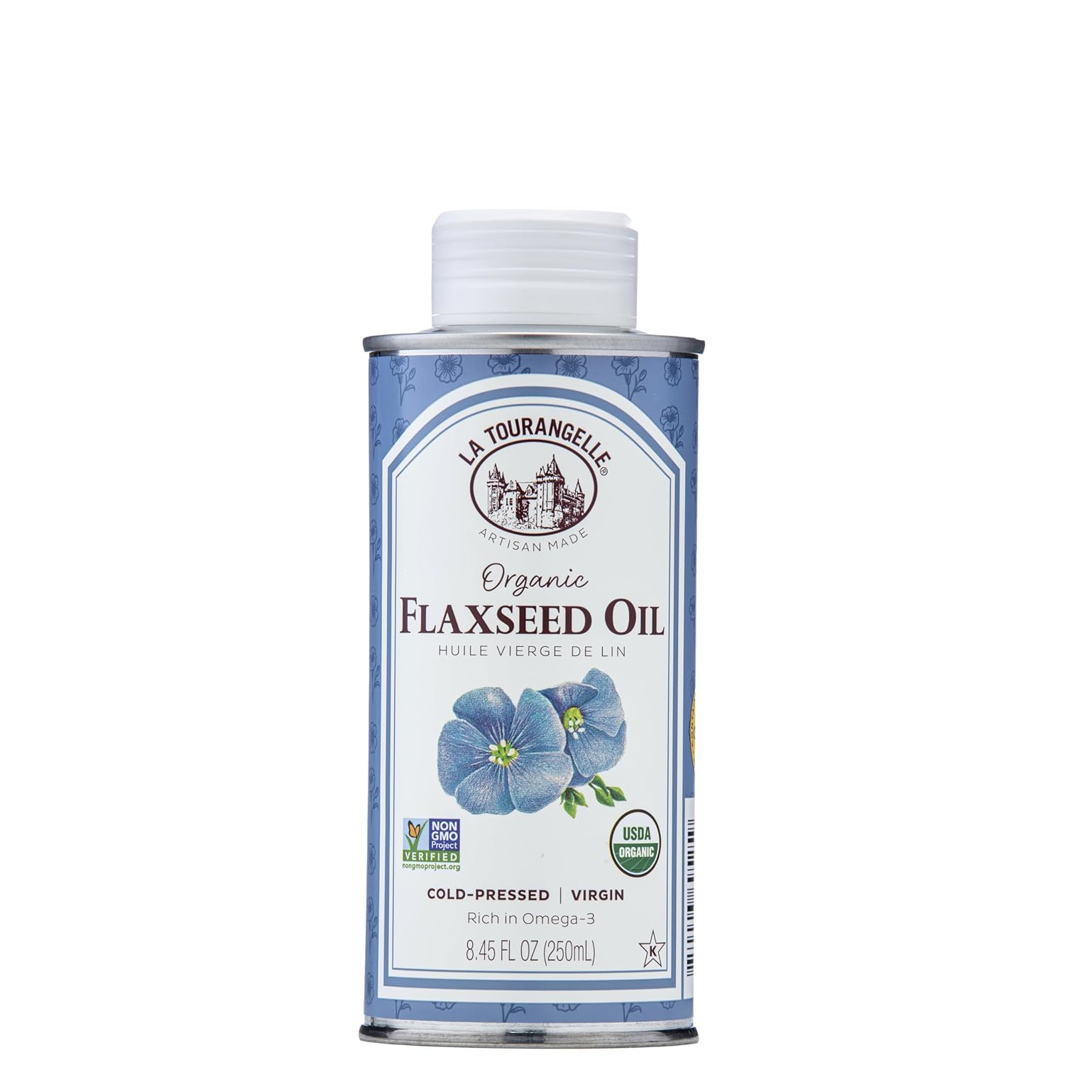 La Tourangelle, Organic Flaxseed Oil, Essential Omega-3 to Improve Heart Health, Vegan, Non-GMO, Gluten-Free, Kosher, Cast Iron Seasoning, 8.45 Fl Oz