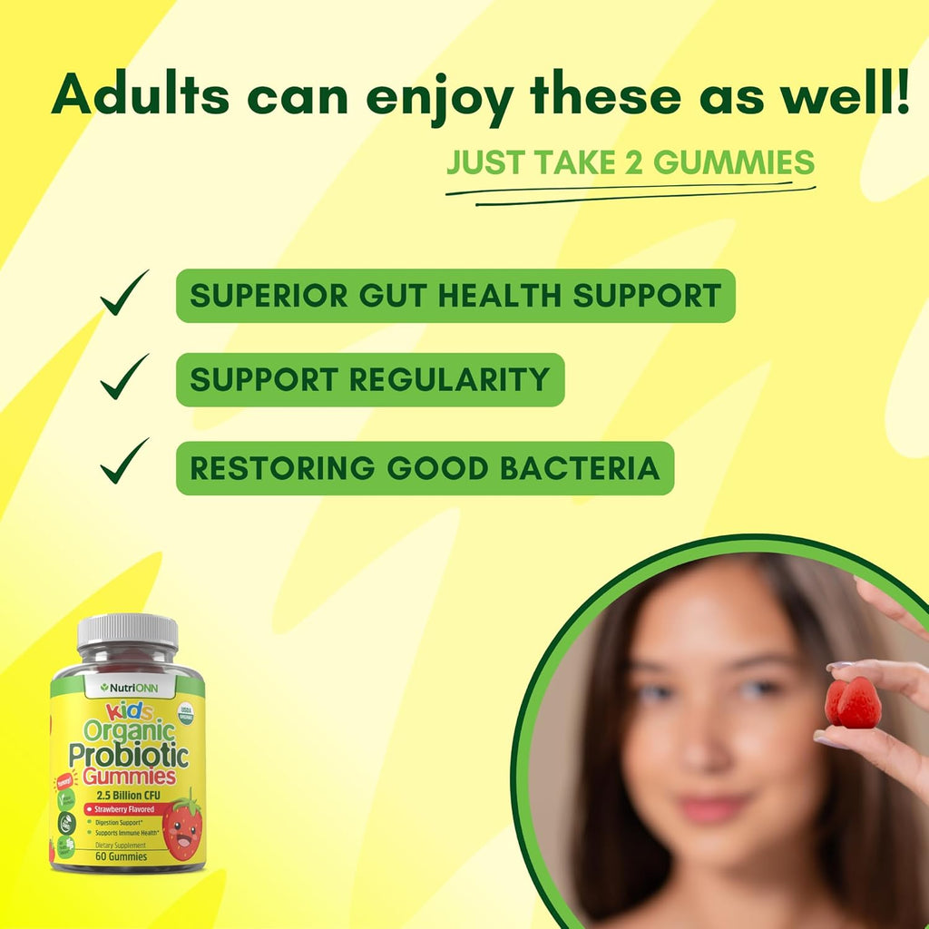 Organic Kids Probiotic Gummies - USDA Organic Chewable Probiotics for Kids - 60 Delicious Gummies - Child Digestive, Immune Support & Gut Health Supplement - Vegan & Non-GMO