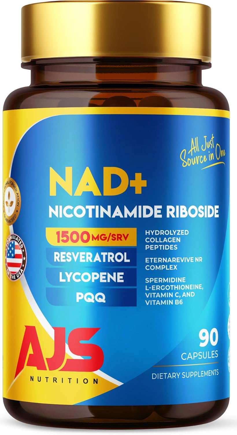 AJS NAD+ Cellular Energy – NR Supplement with PQQ, Resveratrol, Lycopene, Spermidine, L-Ergothioneine, and Collagen Peptides – 90 Capsules for Cellular Support