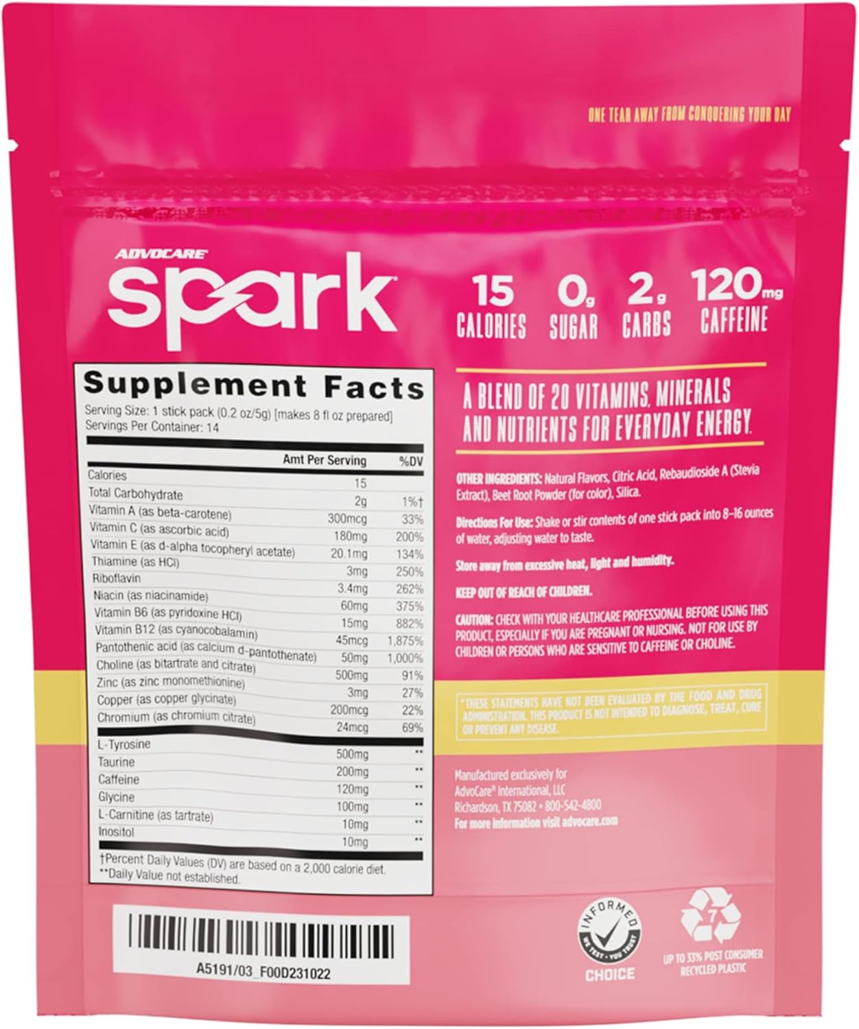 AdvoCare Spark Vitamin & Amino Acid Supplement - Sugar-Free Focus & Energy Drink Powder with Vitamins A, C, E & B-12 - Sunrise Grapefruit, 14 Stick Packs