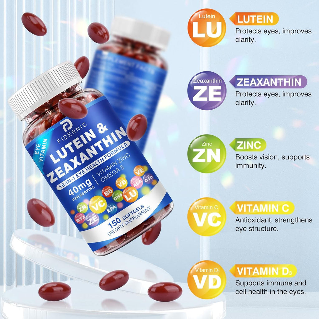Lutein and Zeaxanthin Supplement - Eye Vitamins, 40 mg Lutein & 8 mg Zeaxanthin with Vitamins C, E, Zinc, Omega-3 & CoQ10 for Blue Light Protection, Eye Health Support, Eyebright  - 150 Softgels