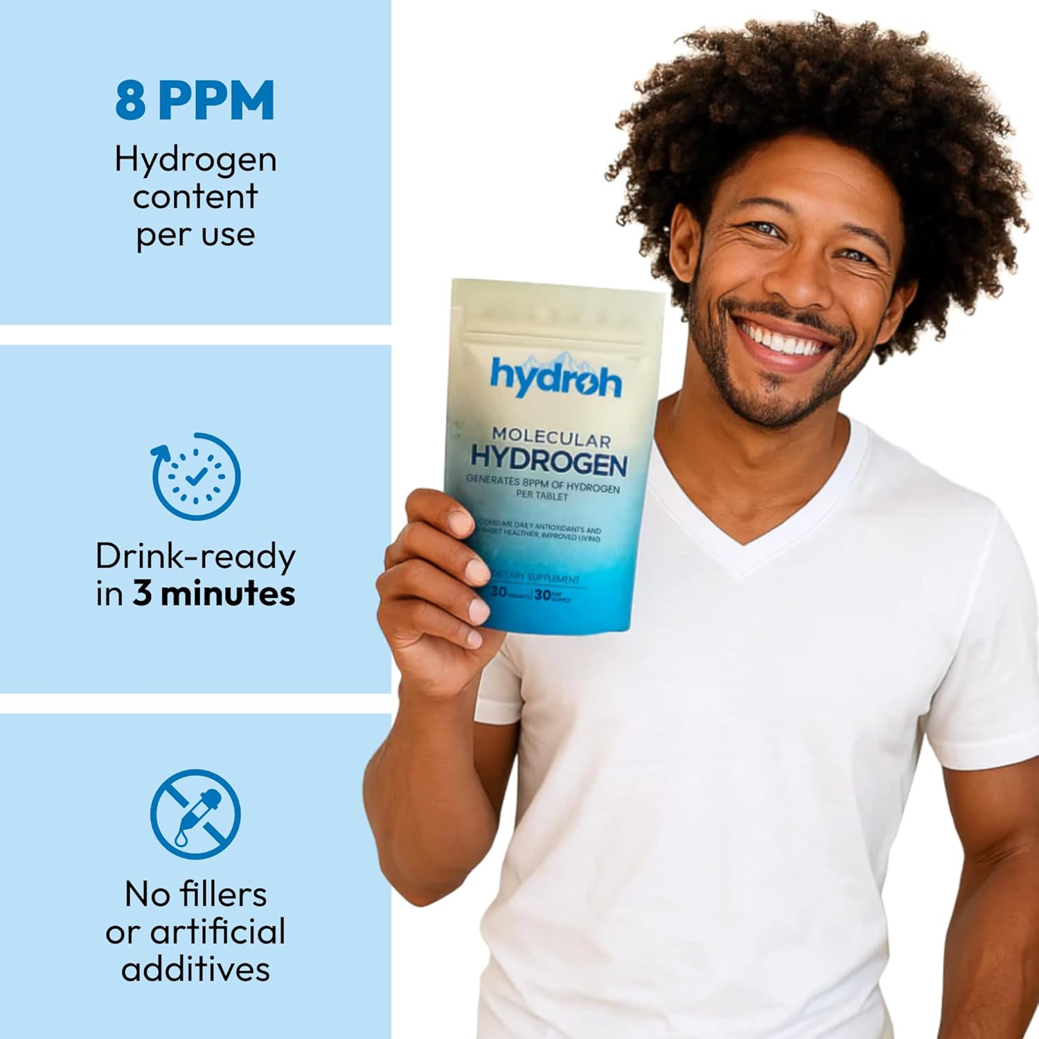 Hydrogen Water Tablets, Molecular Hydrogen Tablets for Drinking Water, Antioxidant-Rich, Supports Brain Energy & Health - Quick-Dissolving - Unflavored H2 Tabs - (30-Day Supply)
