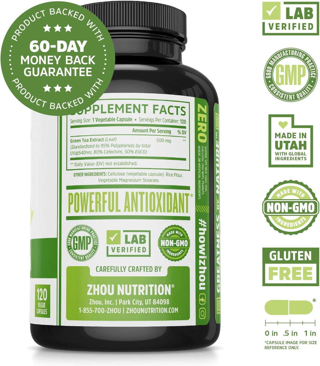 Zhou Nutrition Green Tea Extract Supplement - Green Tea & ECGC for Women & Men, Clean Caffeine Energy, Antioxidant Support, 500mg Per Serving - 120 Vegan Friendly Capsules