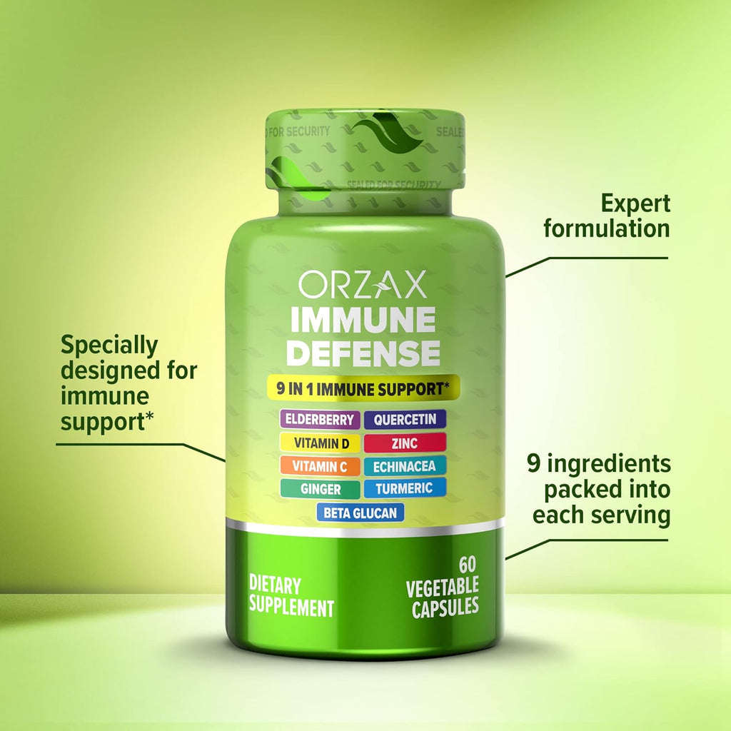 ORZAX 9 in 1 Immune Defense Booster Herbal Supplement, Specialized High Strength Formula - Vitamin C & D, Zinc, Quercetin, Turmeric & Ginger, Echinacea - Non-GMO - 60 Veggie Capsules - 30 Day Supply