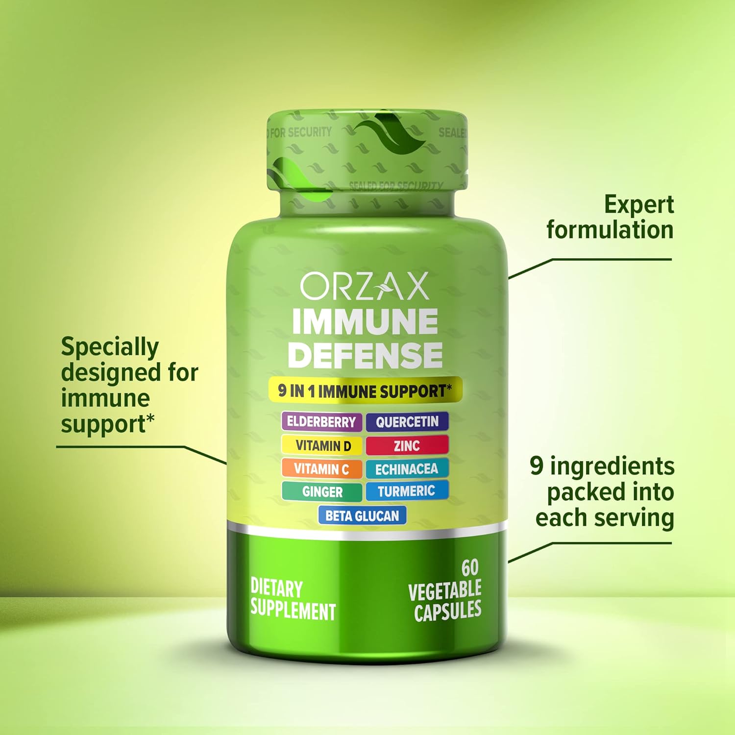 ORZAX 9 in 1 Immune Defense Booster Herbal Supplement, Specialized High Strength Formula - Vitamin C & D, Zinc, Quercetin, Turmeric & Ginger, Echinacea - Non-GMO - 60 Veggie Capsules - 30 Day Supply