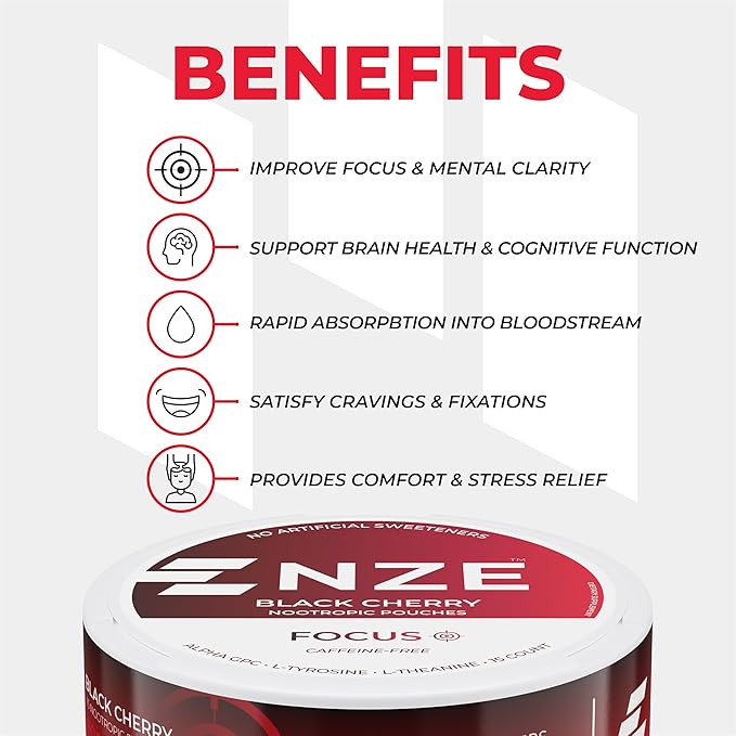 NZE Caffeine Free Nootropic Pouches (Black Cherry) - Nootropic Pouches with Alpha GPC, L-Tyrosine & L-Theanine - No Sugar or Artificial Sweeteners - 15 Pouches Per Can - 5 Pack