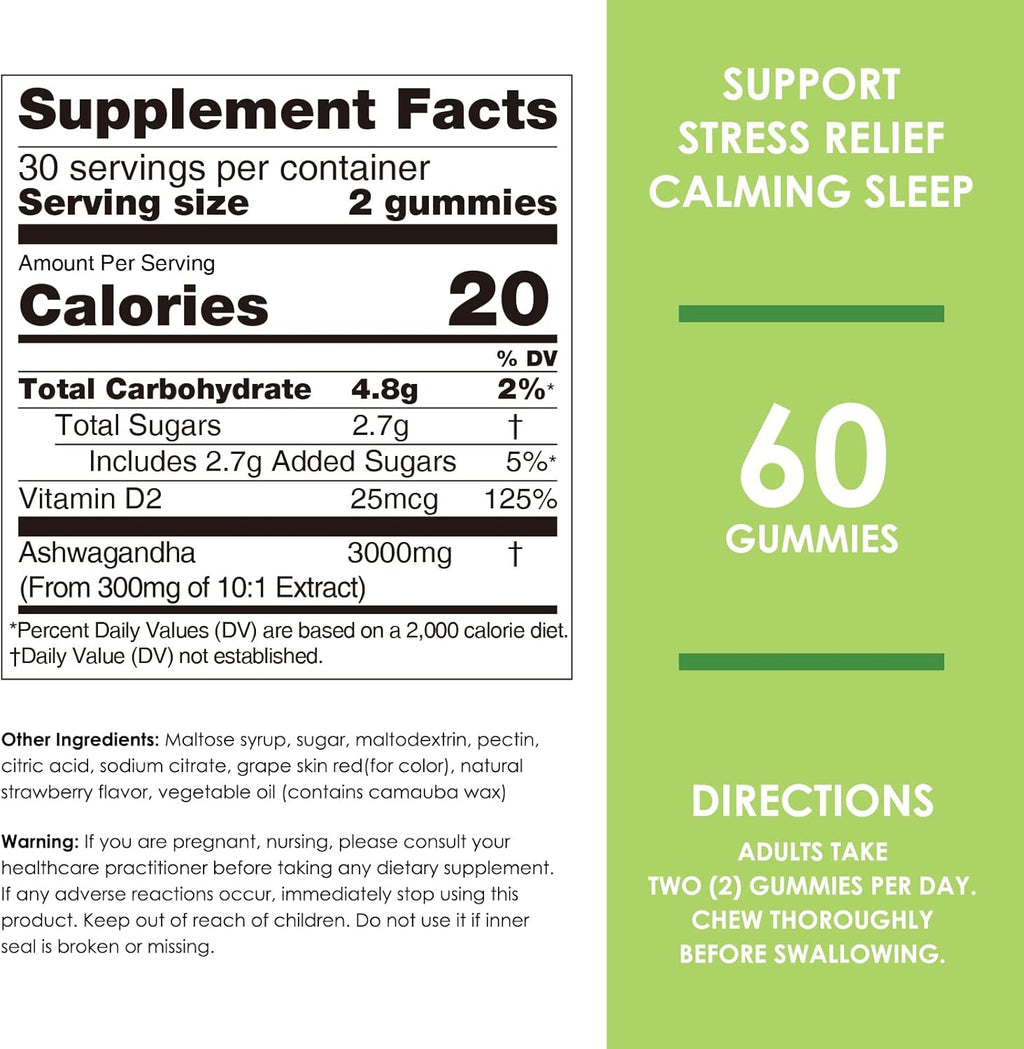 Nature's Key Ashwagandha Gummies, 3000mg High Potency Ashwagandha Root Extract with Vitamin D2, Stress, Calm Mood & Cognition, for Men & Women, Strawberry Flavor (60 Count (Pack of 1)