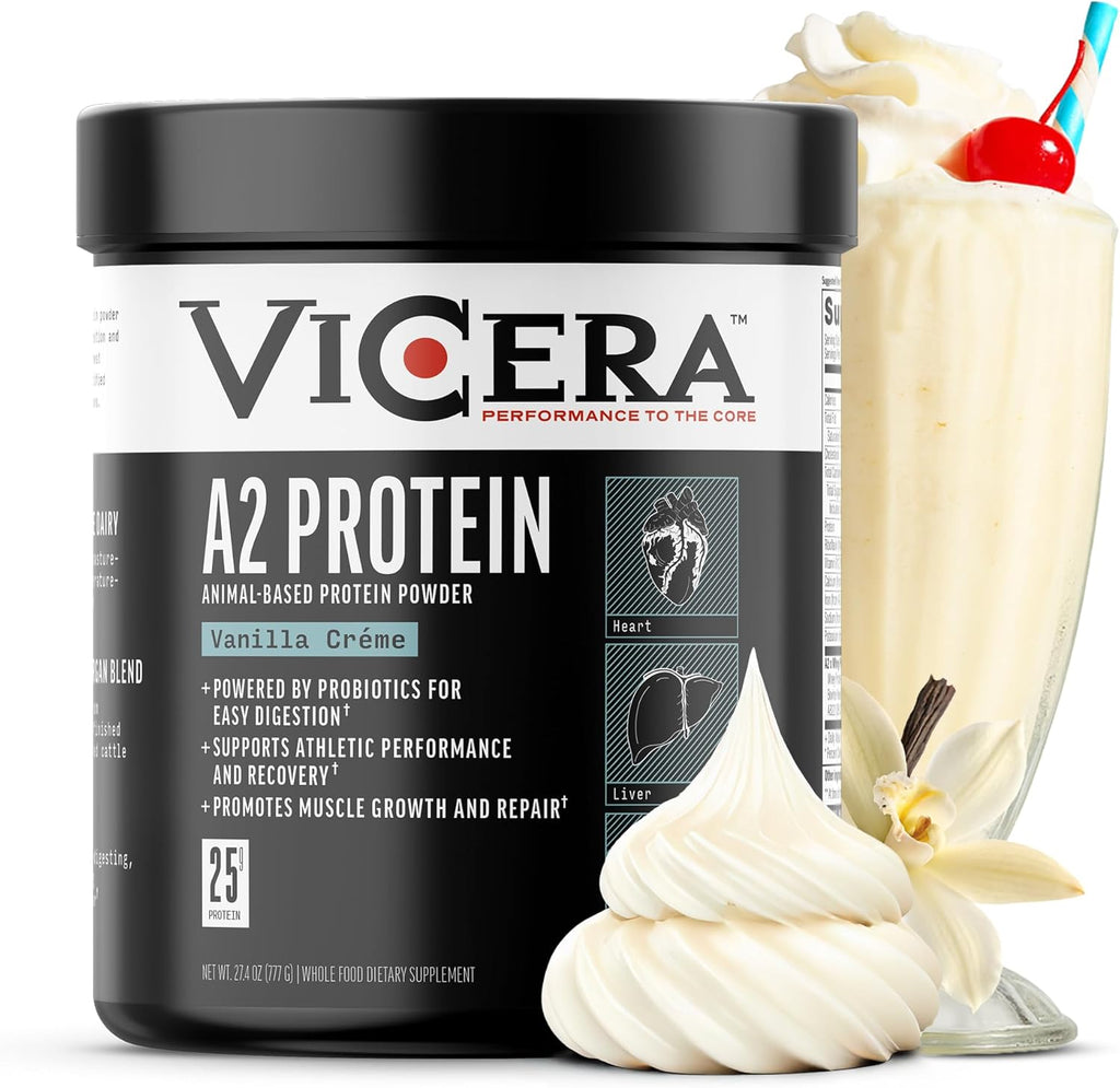 A2 Protein Powder, Vanilla Creme, 25 G Protein per Serving, Organic A2/A2 Whey Casein Blend with Probiotics and Celtic Sea Salt, Gluten Free Workout Supplement, Non GMO, 20 Servings, 27.4 Oz