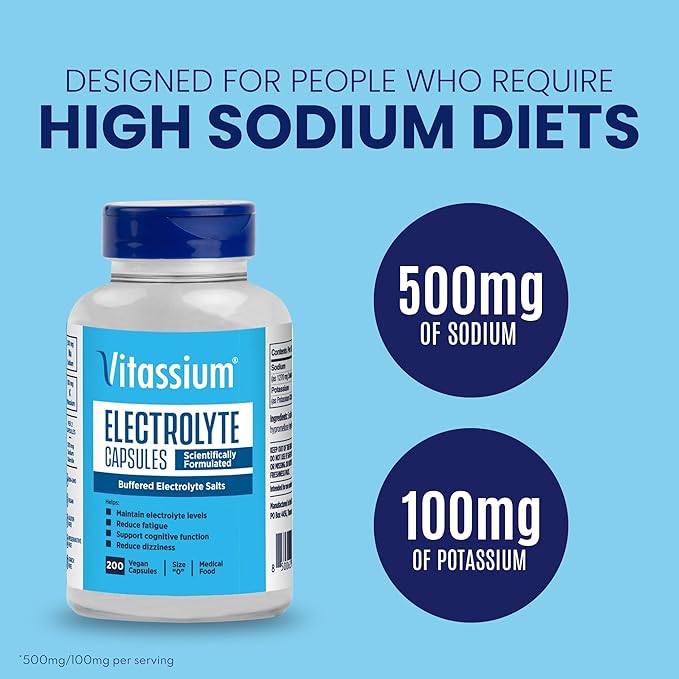 Vitassium Electrolyte Capsules, Electrolytes for The Management of POTS and High Sodium Diets (500mg Sodium - 100mg Potassium), Unflavored, 200 Salt Pills (Size 0)