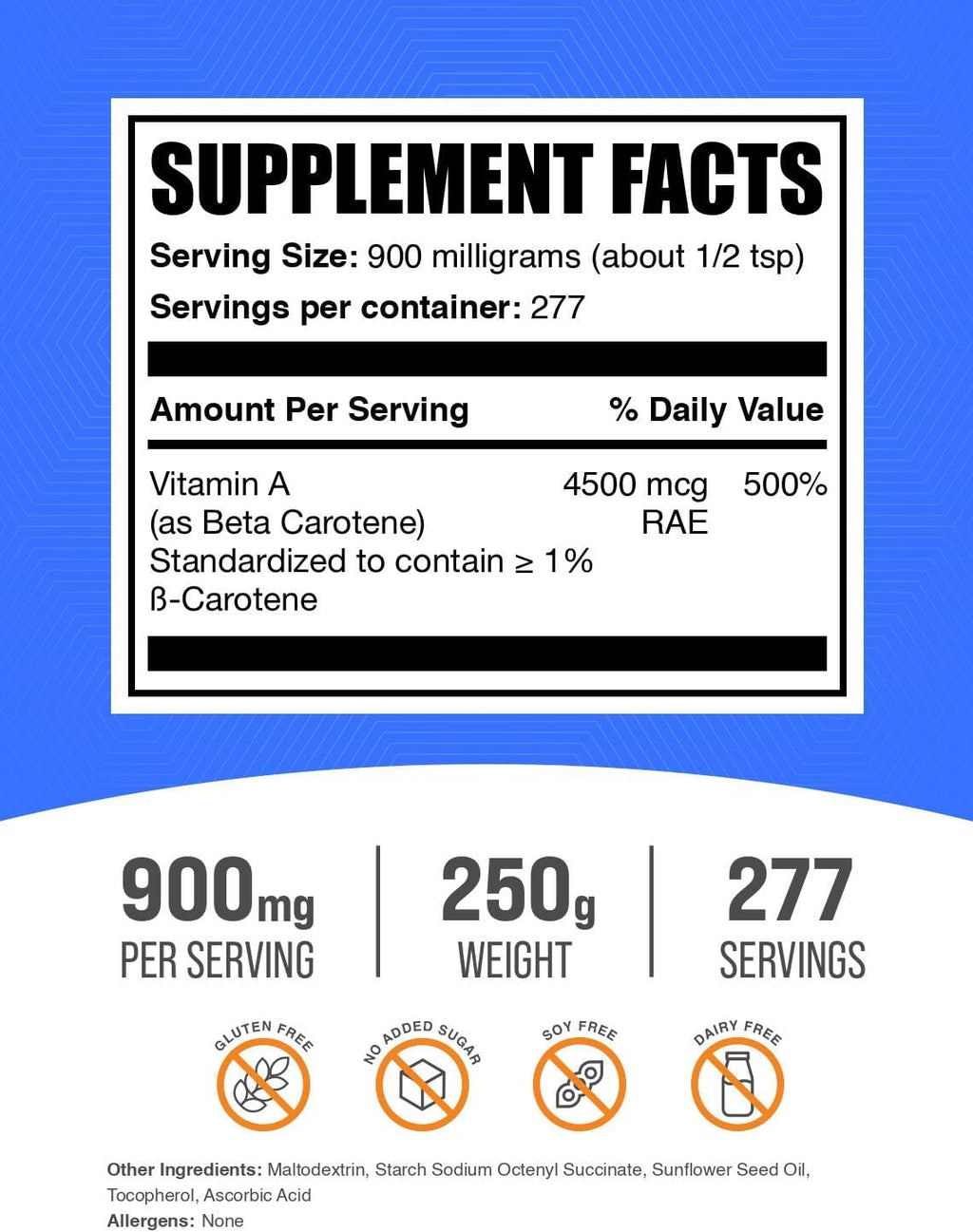BulkSupplements.com Beta Carotene Powder - Vitamin A Supplements, Beta Carotene Supplements - for Vision & Eye Support, Gluten Free, 900mg per Serving, 250g (8.8 oz) (Pack of 1)