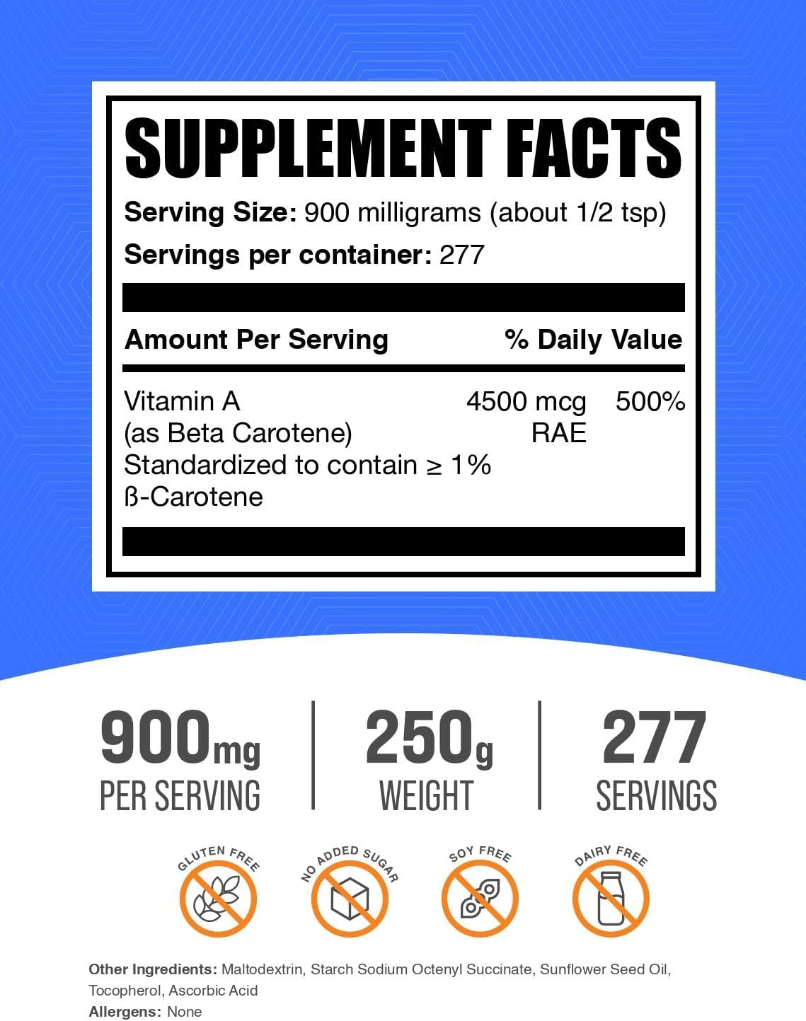 BulkSupplements.com Beta Carotene Powder - Vitamin A Supplements, Beta Carotene Supplements - for Vision & Eye Support, Gluten Free, 900mg per Serving, 250g (8.8 oz) (Pack of 1)