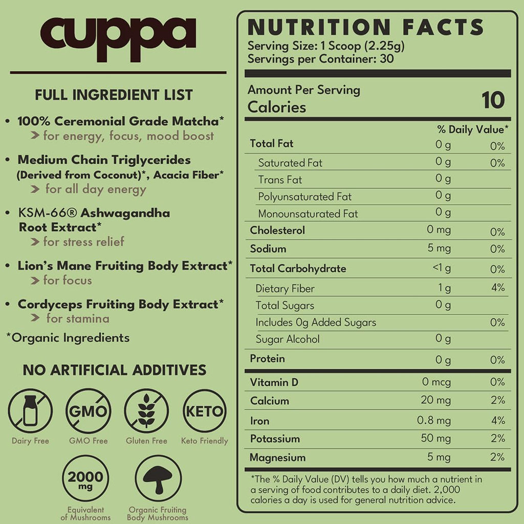 Cuppa Healthy Mushroom Matcha with Lion's Mane & Ashwagandha for All Day Energy & Focus - No Crash or Jitters - Nootropics for Brain Health, Gut Health, Immunity, Stress, Memory + Mood (30 Servings)
