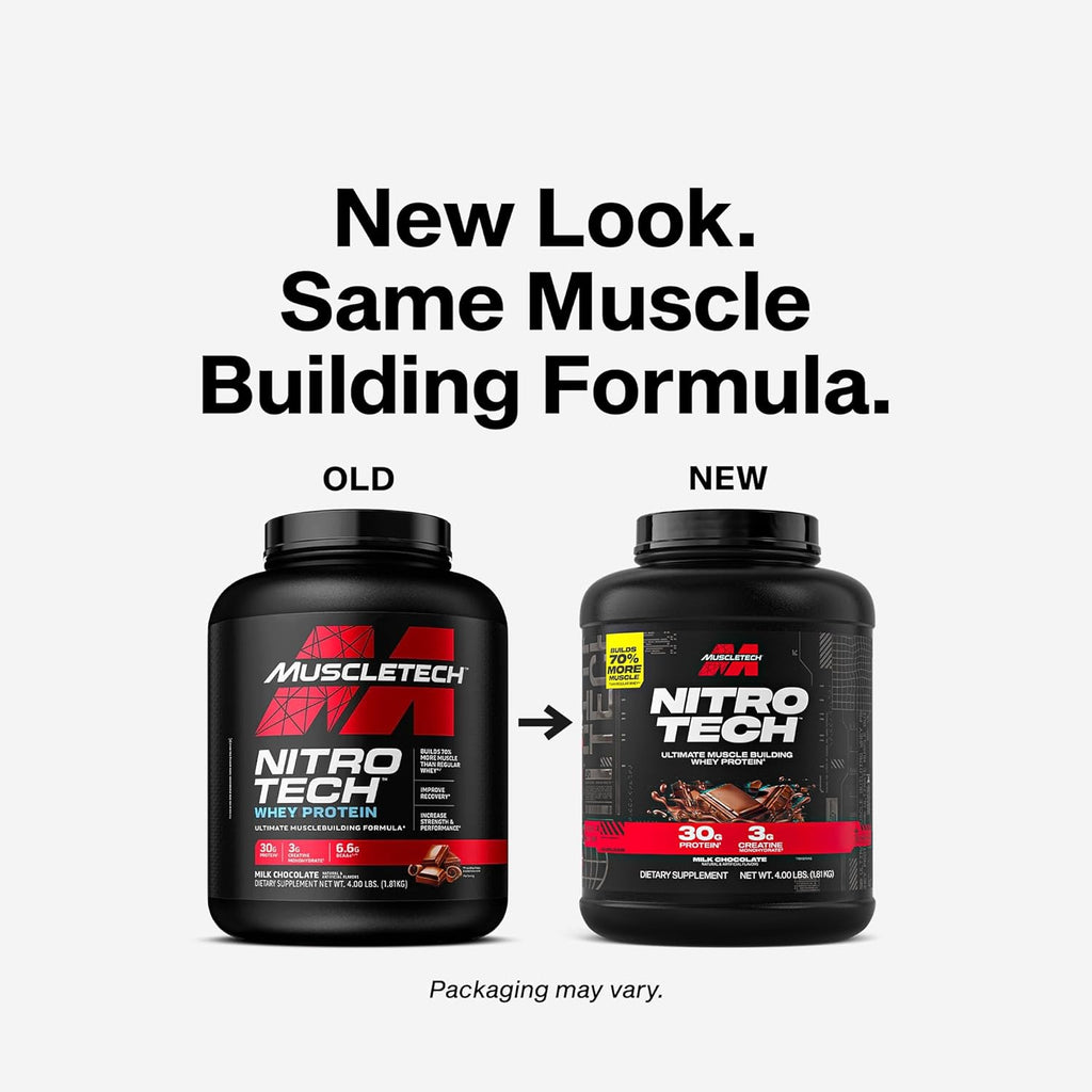 Muscletech Whey Protein Powder (Milk Chocolate, 4 Pound) - Nitro-Tech Ultimate Muscle Building Formula with Whey Protein Isolate - 30g of Protein, 3g of Creatine & 6.8g of BCAA - Packaging May Vary