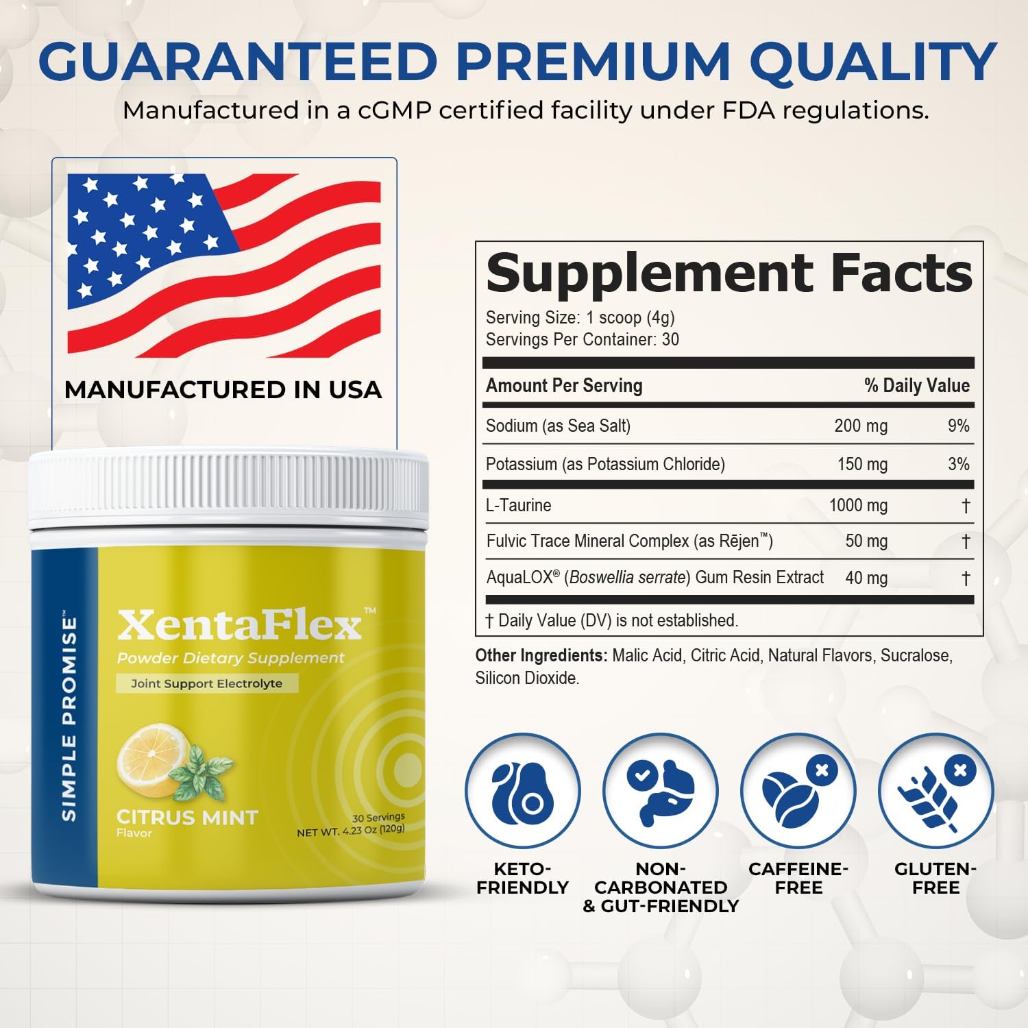 Simple Promise XentaFlex - Joint Support Electrolyte Powder with AquaLOX Boswellia & Potassium - Supports Hydration and Mobility -Joint Supplement for Men & Women - 30 Servings - Citrus Mint Flavor