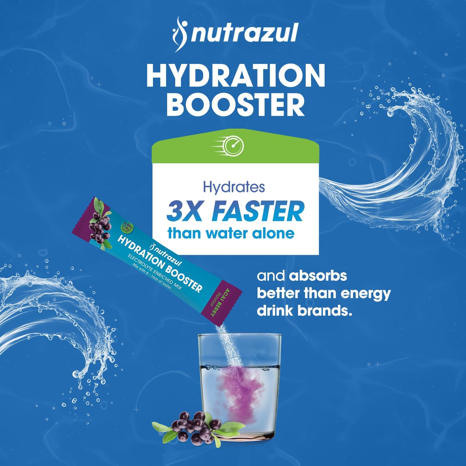 nutrazul Hydration Booster, Electrolytes Powder Sticks with Sodium, Potassium, Vitamin B6 & B12, No Artificial Sweeteners, Acai Berry Flavor, 30 Sticks