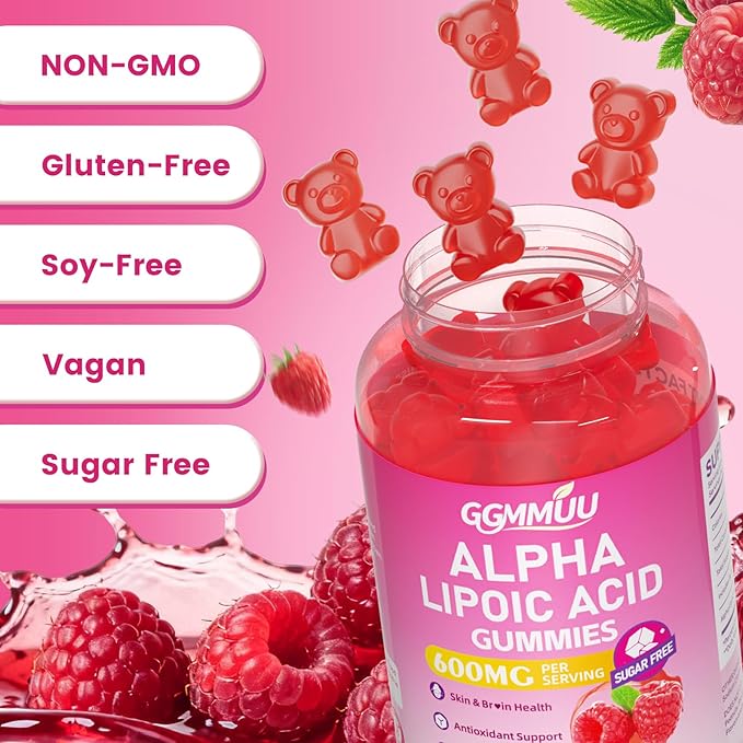 2 Pack Alpha Lipoic Acid Gummies 600mg, High Absorption Chewable ALA Supplement, Raspberry Flavor, Vegan, Sugar Free, 120 Count