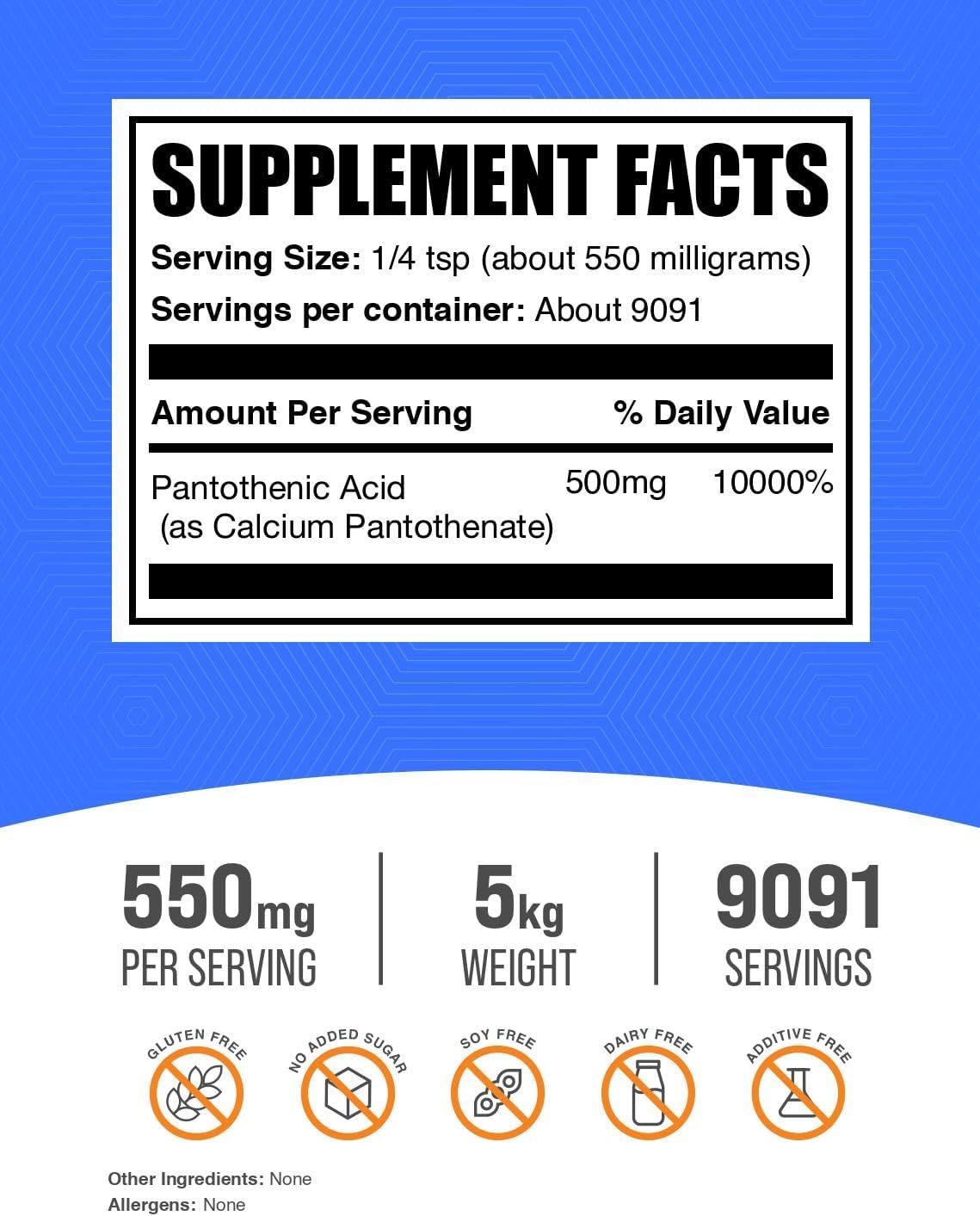 BulkSupplements.com Vitamin B5 Powder - as Calcium Pantothenate, B5 Vitamins - Gluten Free, 500mg of Vitamin B5 Pantothenic Acid per Serving, 5kg (11 lbs) (Pack of 5)