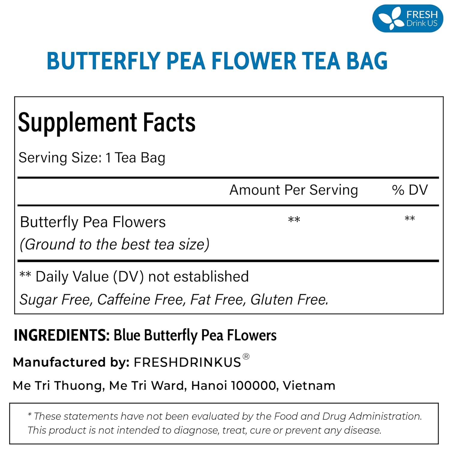 FreshDrinkUS, Premium 35 Butterfly Pea Tea Bags, 100% Natural and Pure from Butterfly Pea Flowers, Hand-made, Made With Natural Materials-Corn Fiber Tea Bag, Sugar/Caffeine/Gluten Free, Vegan