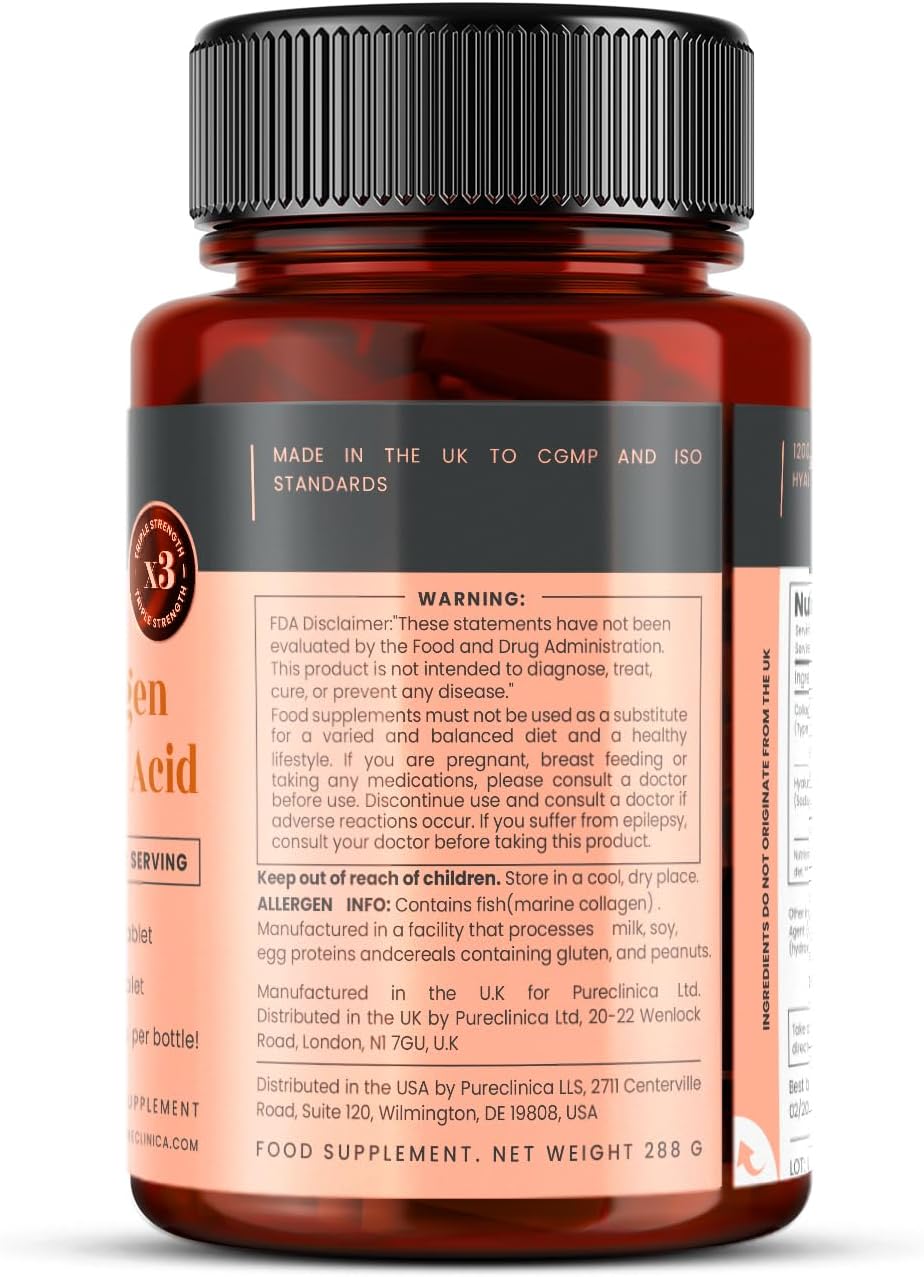 pureclinica Triple Strength Marine Collagen & Hyaluronic Acid – 1500mg per Tablet | 720 Tablets (4 Bottles of 180) | Supports Skin, Joints & Hydration