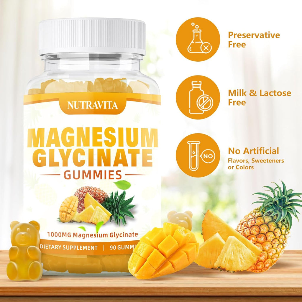 Magnesium Glycinate Gummies 1000mg with Magnesium L-Threonate,Chelated Magnesium Potassium Complex Supplement with VitD, B6, CoQ10, Calcium,Supports for Memory, Calm, Mood-180 Mango Pineapple Gummies