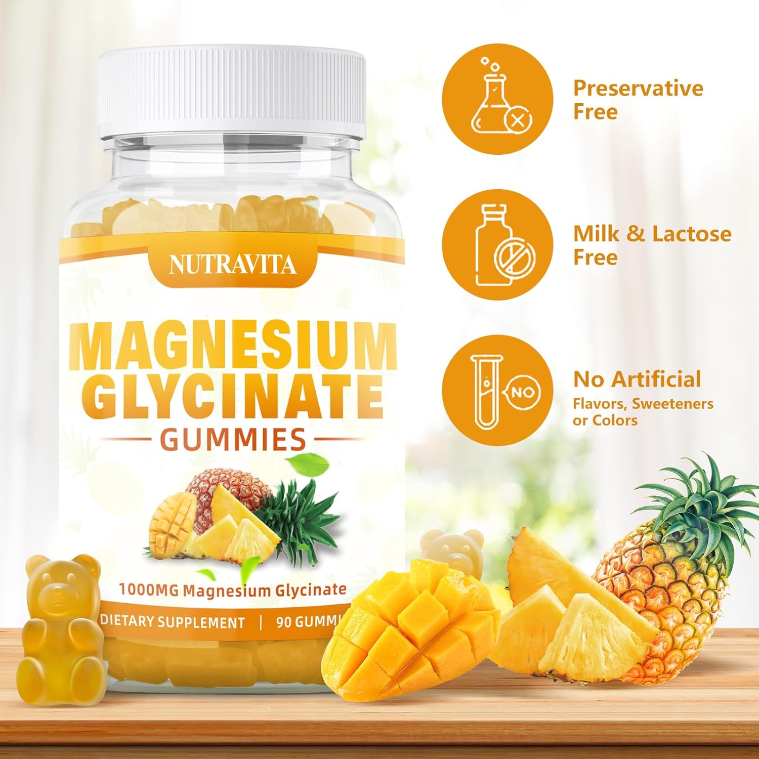Magnesium Glycinate Gummies 1000mg with Magnesium L-Threonate,Chelated Magnesium Potassium Complex Supplement with VitD, B6, CoQ10, Calcium,Supports for Memory, Calm, Mood-180 Mango Pineapple Gummies