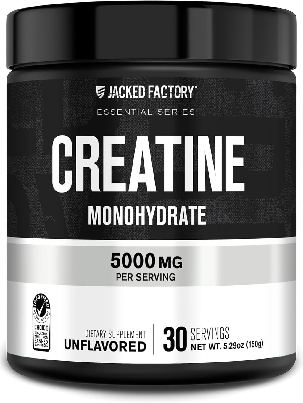 Jacked Factory Creatine Monohydrate Powder 150g - 5g Daily Creatine Supplement for Men and Women, Vegan-Friendly, Third-Party Tested - 30 Servings, Unflavored