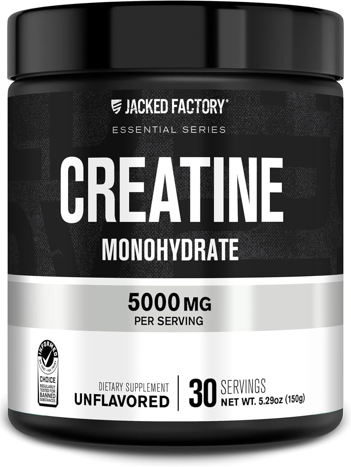 Jacked Factory Creatine Monohydrate Powder 150g - 5g Daily Creatine Supplement for Men and Women, Vegan-Friendly, Third-Party Tested - 30 Servings, Unflavored