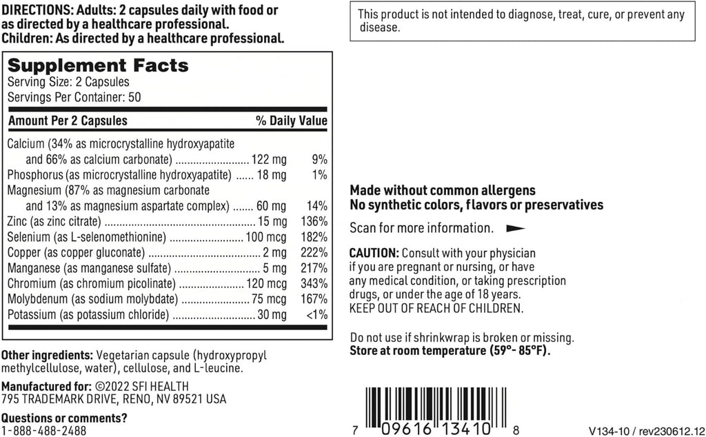 Klaire Labs SFI Health Multi-Mineral Complex Without Iron - Broad Spectrum & Hypoallergenic Essential Trace Mineral Blend with Copper & Zinc, Iron-Free (100 Capsules)