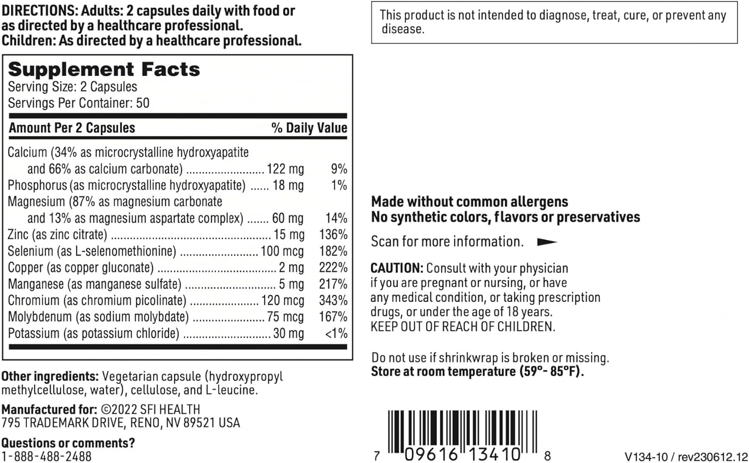 Klaire Labs SFI Health Multi-Mineral Complex Without Iron - Broad Spectrum & Hypoallergenic Essential Trace Mineral Blend with Copper & Zinc, Iron-Free (100 Capsules)