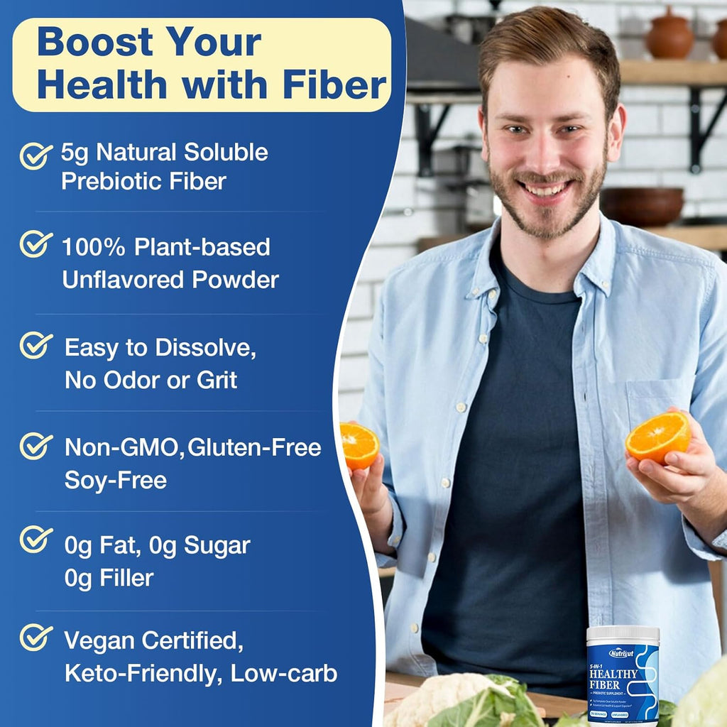 Fiber Supplement - Prebiotic Fiber Supplement Powder, 5g Soluble Fiber Powder with Acacia & Inulin for Daily Digestive Health & Regularity, Gluten & Sugar Free, Vegan, Unflavored - 70 Servings