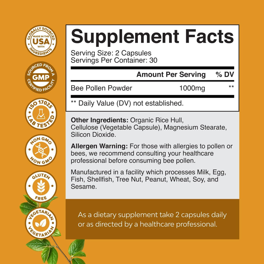 Bee Pollen Pills for Breast Growth 60 Ct - Bee Pollen Supplement 1000mg Serving with Naturally Occurring B Vitamins Minerals & Enzymes - Breast Support Supplement - Vegetarian, Non-GMO & Gluten Free