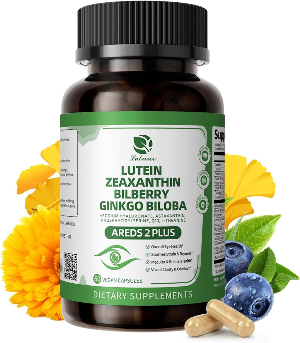 Lutein and Zeaxanthin Supplements - Advanced AREDS 2 Eye Vitamins - Bilberry Supplement for Eyes, with Astaxanthin, Ginkgo Biloba, Sodium Hyaluronate - for Eye Health & Brain Support, 60 Capsules