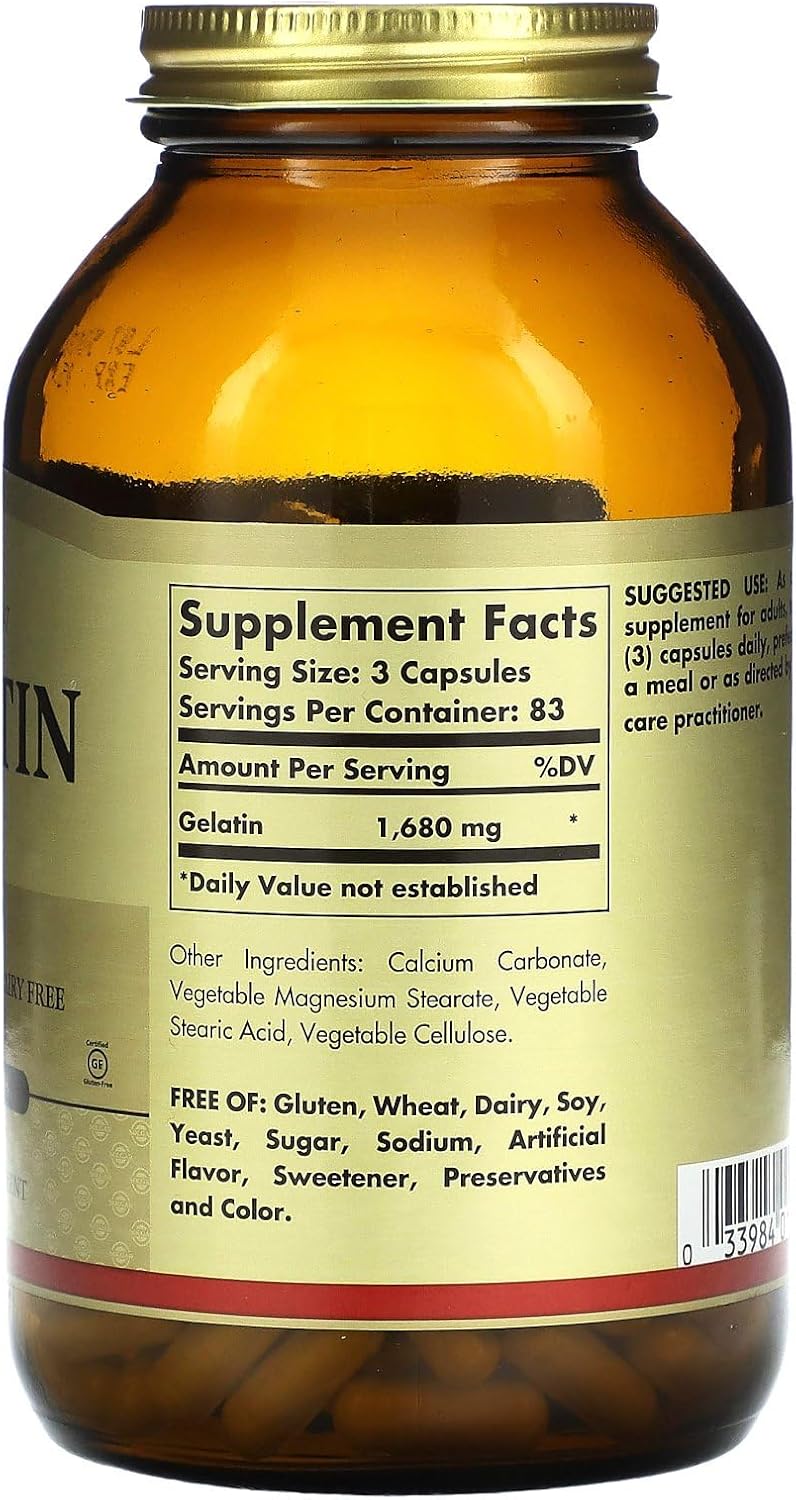 Solgar Gelatin 1680 mg, 250 Capsules - Natural Gelatin - Supports Bone, Joint & Skin Health - Gluten Free, Dairy Free - 83 Servings