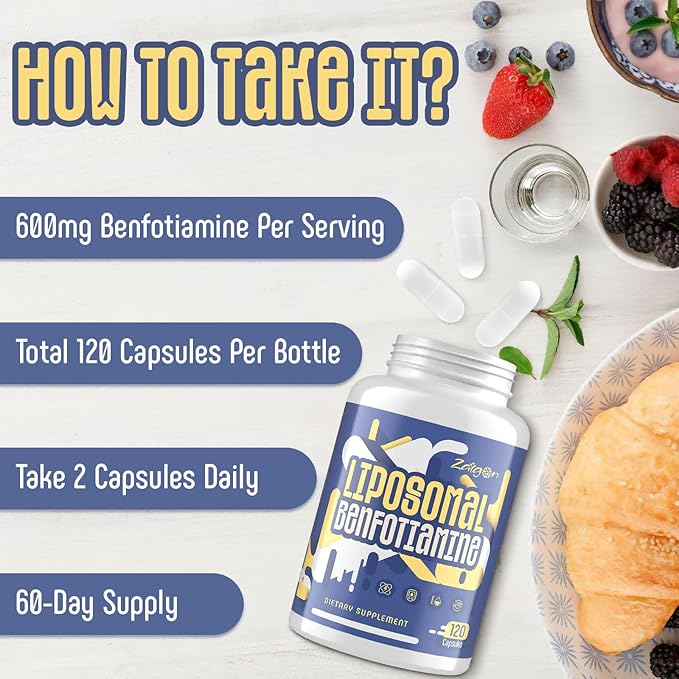 Zaigon Benfotiamine Thiamine Vitamin B1 Supplement, 600mg Liposomal Fat Soluble VIT B1 with Alpha-Lipoic Acid for Men & Women, Energy Boost, Glucose Metabolism & Nerve Support (240 Vegan Capsules)