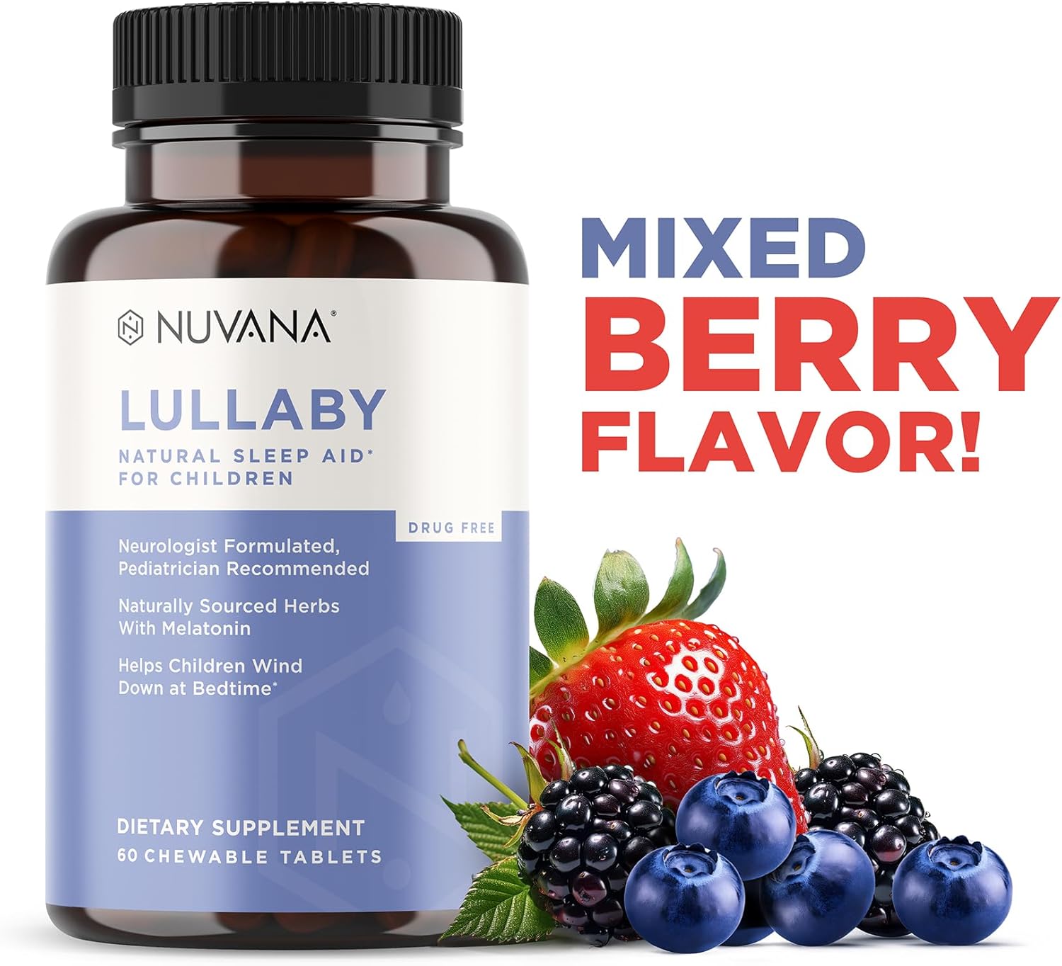 Lullaby | Gentle Kids Natural Sleep Aid | Pediatrician Recommended | Delicious Low Dose Melatonin & Non-Habit Forming Mixed Berry Chewable Tablets | with Chamomile, Magnesium for Kids 3+