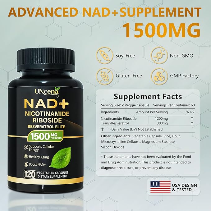 NAD Supplement 1500mg - Liposomal NAD+ Nicotinamide Riboside with Resveratrol, NAD Plus Boosting - Support Cellular Health, Stamina & Healthy Aging for Women & Men- Pack of 2