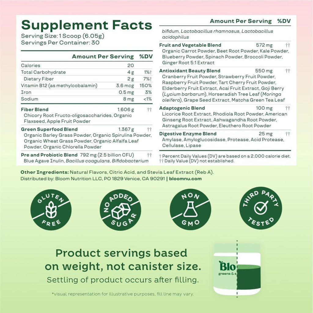 Bloom Nutrition Greens and Superfoods Powder for Digestive Health, Greens Powder, Digestive Enzymes, Probiotics, Spirulina, Chlorella for Bloating & Gut Support, Green Juice, 30 SVG, Strawberry Kiwi