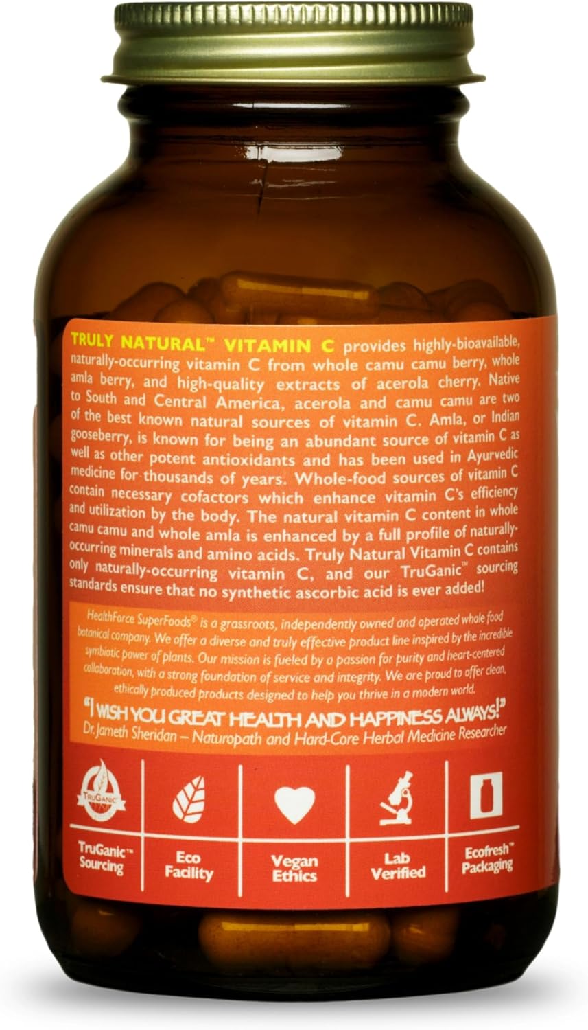 HEALTHFORCE SUPERFOODS Truly Natural Vitamin C - Immune Support Supplement with Camu Camu Berry - Vitamin C Supplement for Immune Health - Vegan, Non-GMO - 120 Vegan Caps, 15 Servings