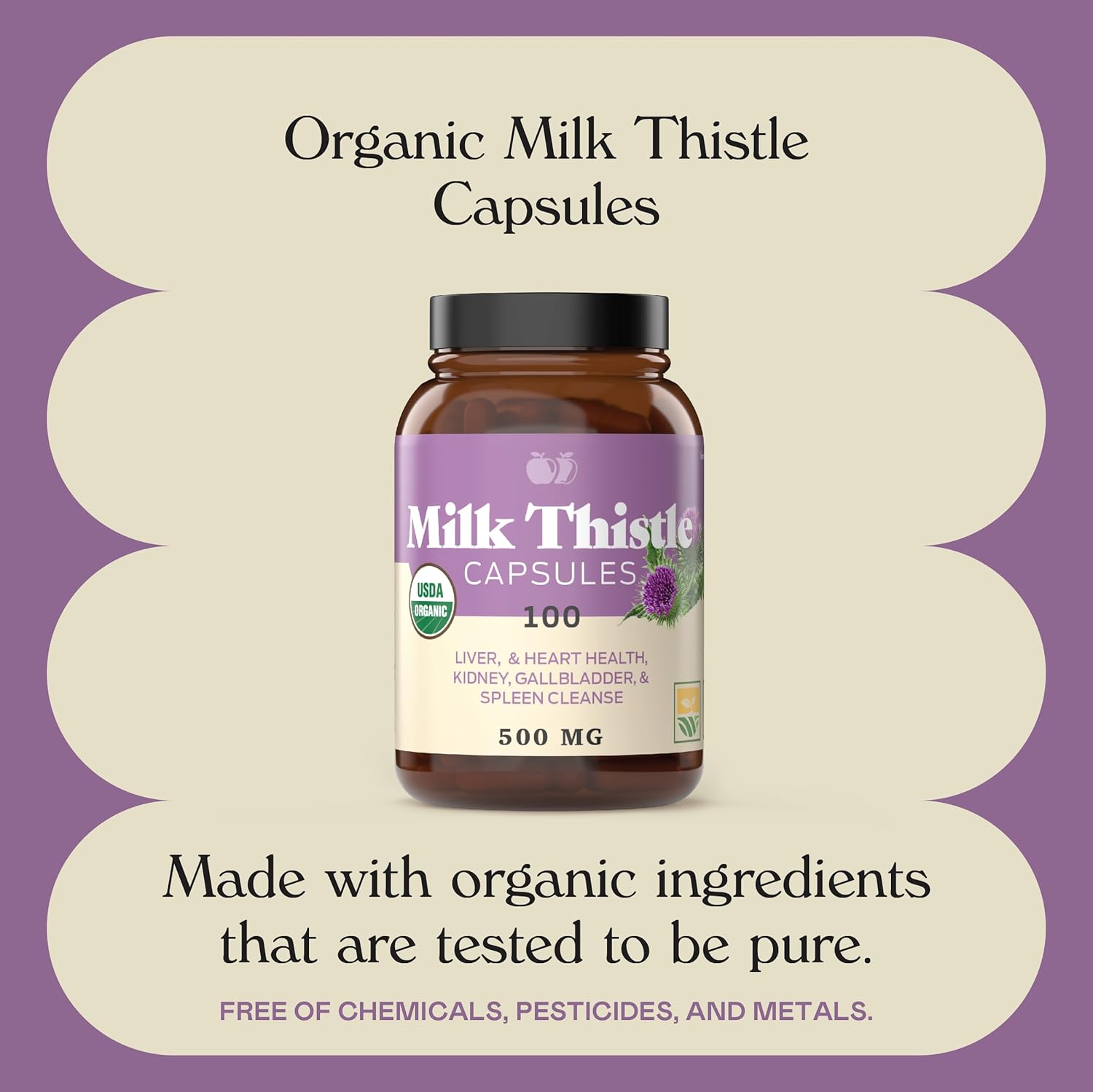 Complete Natural Products Pure Organic Milk Thistle Capsules - 500 mg Silymarin Powder 100 Pills