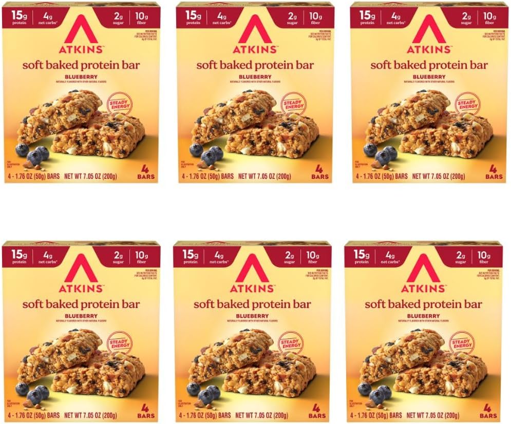 Atkins Soft Baked Protein Bars, Blueberry, 15g Protein, 4g Net Carbs, 2g Sugar, Excellent Source of Fiber, Keto Protein Bars, Low Sugar, 6 Packs (4 Bars Each)