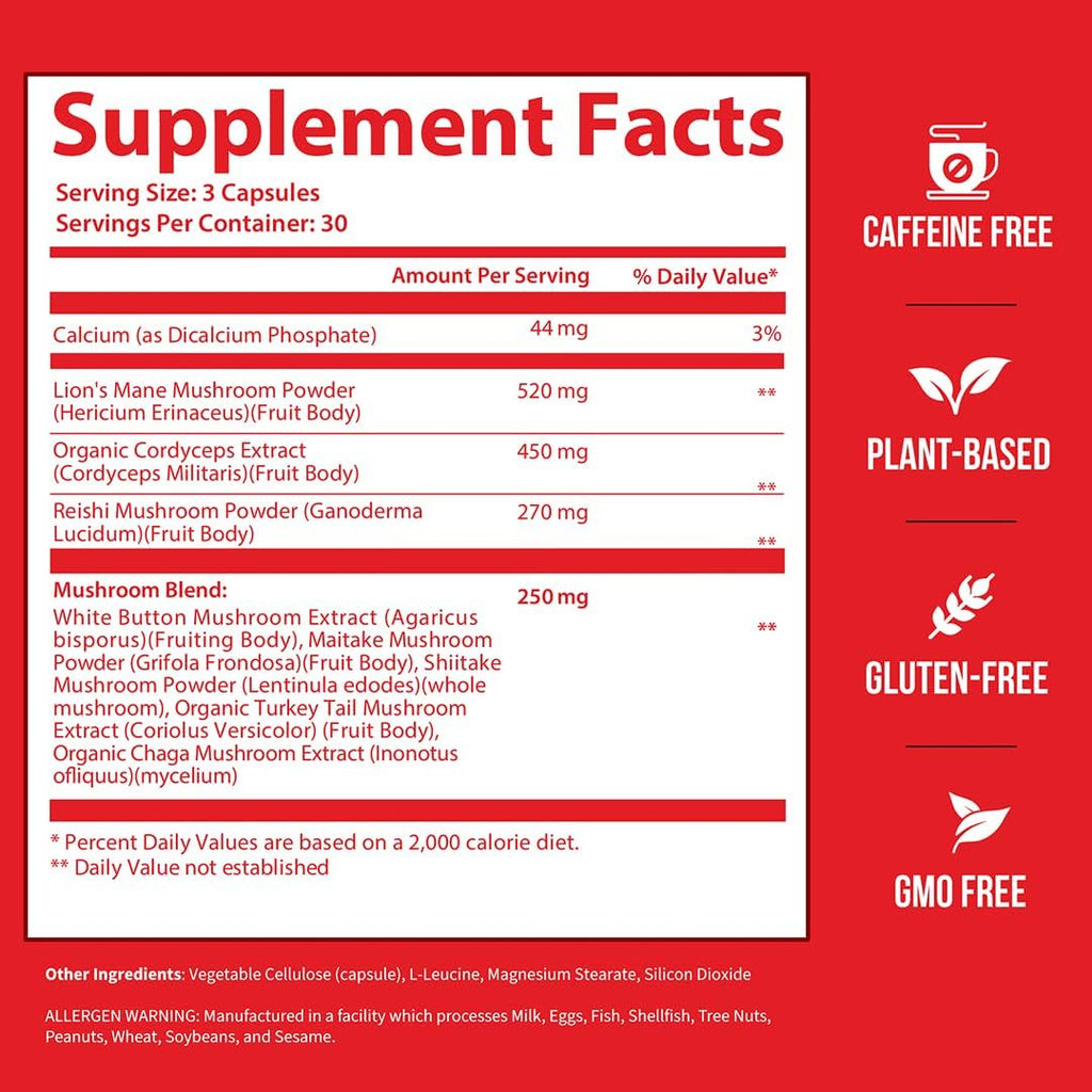 GOBIOTIX Focus Lions Mane Supplement - Mushroom Complex - Nootropics Adaptogen Vitamins - Memory, Clarity, Energy, Immune Support, Cordyceps, Reishi, Chaga, and Maitake - 90 Capsules