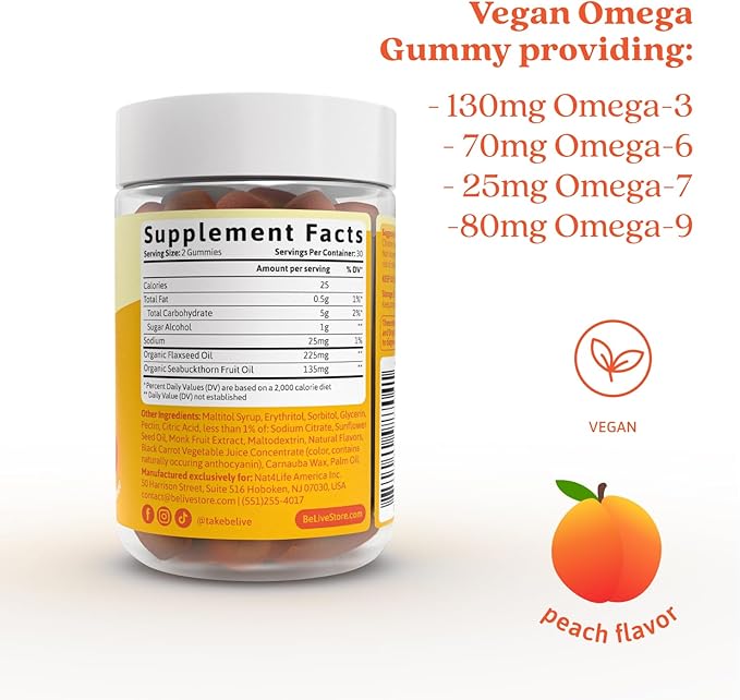 BeLive Organic Omega 3 Gummies - Omega 3 6 9 7 DHA & EPA from Flaxseed Oil & Sea Buckthorn Fruit Oil, Vegan, for Kids & Adults, Full Body, Brain & Eye Support, Sugar Free – Peach | 5-Pack
