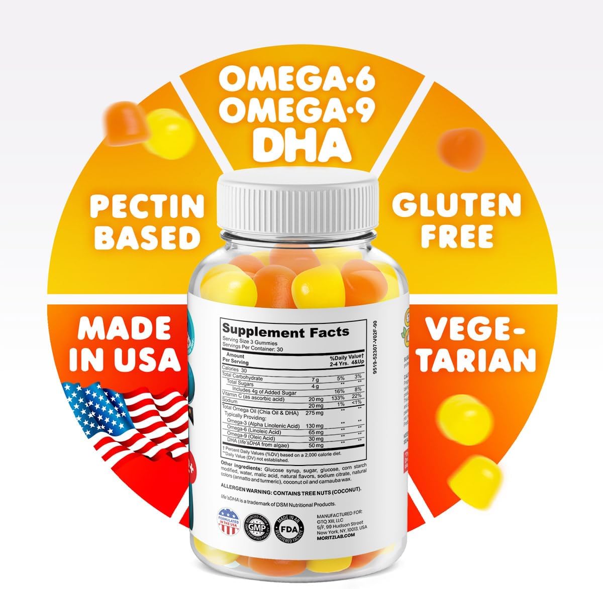 DR. MORITZ Omega 3 Kids Gummies (180 Count), Vegan Omega3 Gummies for Kids with No Fish Oil, Vitamins for Brain & Heart Health, Gluten-Free Omega 3 6 9