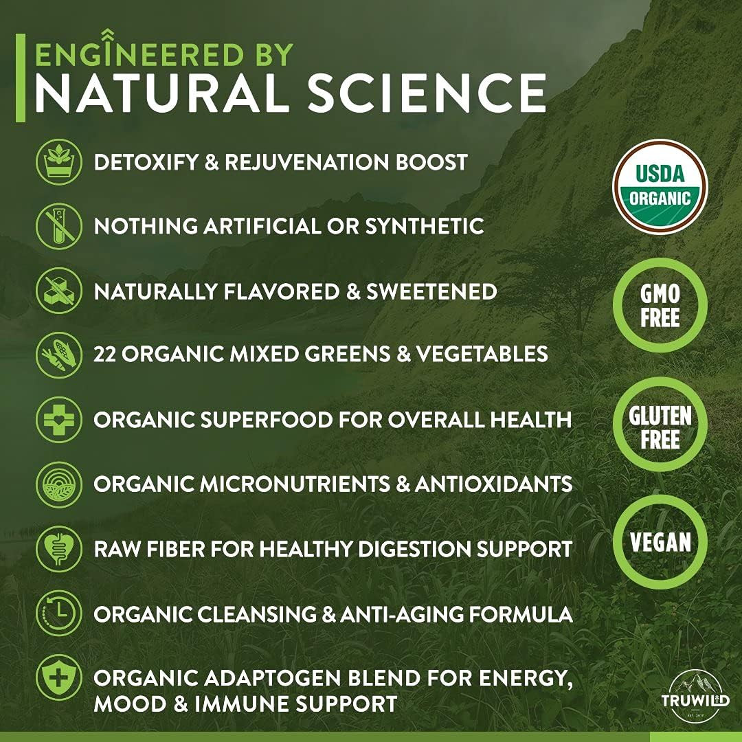 TruWild Greens Superfood Juice Powder, with 22+ Greens & Anti-Oxidants, Natural Immune, Stress, Digestion Support Powder, 90 Servings, 3 Pack