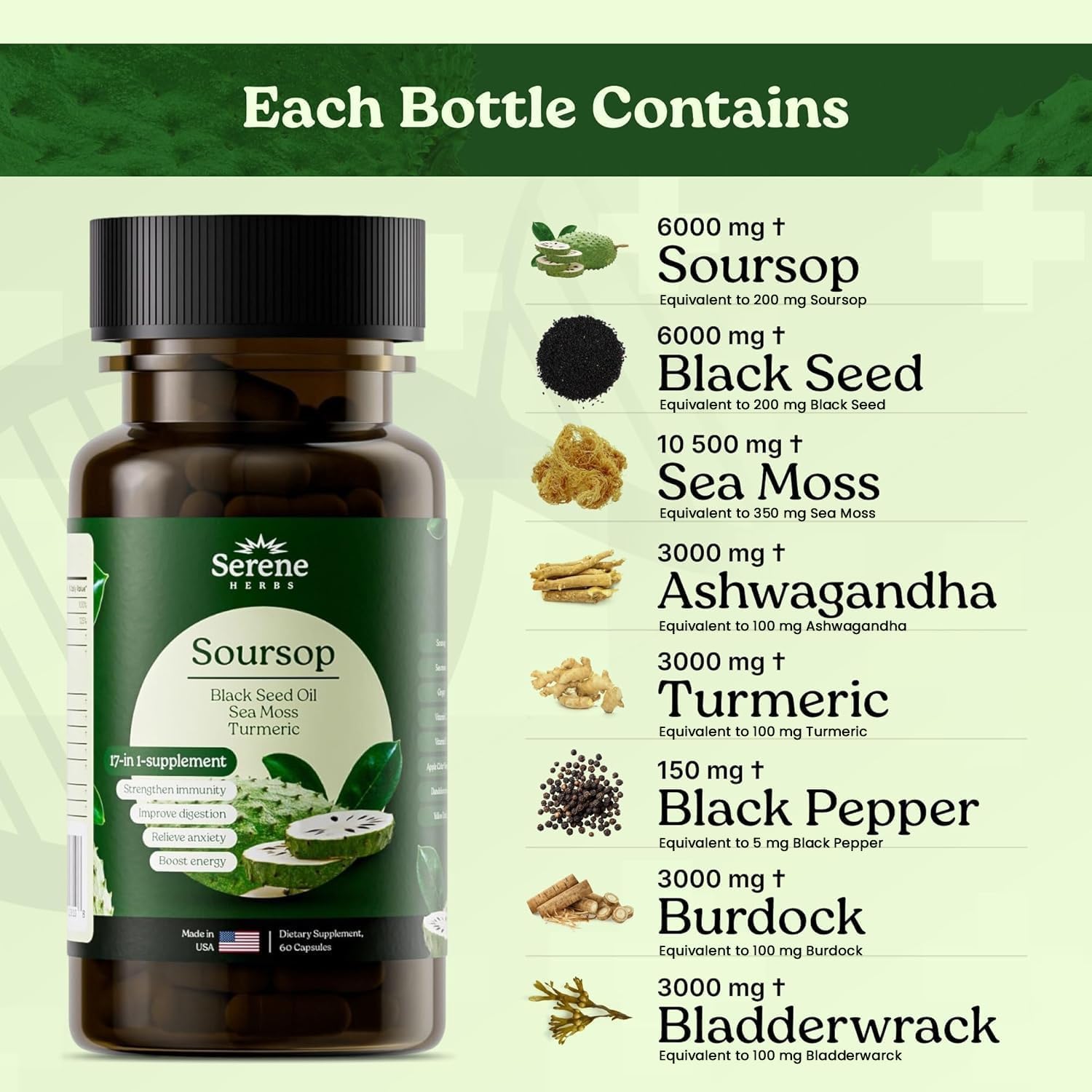 Sea Moss, Black Seed Oil 4000mg, Soursop 4000mg, Ashwagandha 2000mg, Turmeric, Bladderwrack, Burdock, Vitamin C & D3, Dandelion Root, Ginger- Herbal Supplement for Immune Support & Wellness(60 Count)