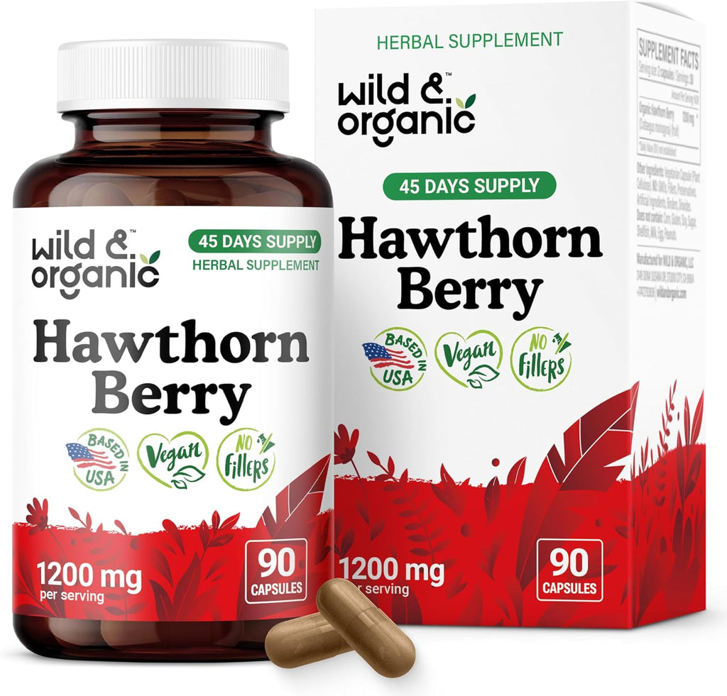 Wild & Organic Hawthorn Berry Capsules 1200 mg - Overall Support - Hawthorne Berry Supplement - Crataegus Monogyna Fruit Powder - 45 Days of Supply - Vegan, No Fillers, Non-GMO - 90 Count