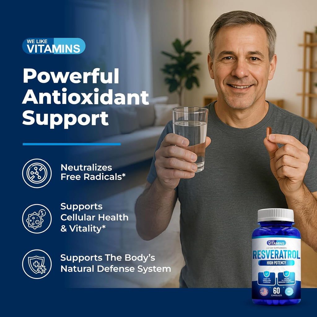 We Like Vitamins Resveratrol 1000mg per Serving - 180 Easy to Swallow Veggie Capsules - Natural Resveratrol Supplement 1000mg - Antioxidant Supplement Helps Support Anti-Aging and Immune System